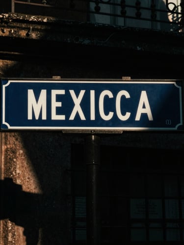 Close-up of hand-painted street sign in Mexico City, high-contrast chiaroscuro lighting, deep shadows, gritty film grain
