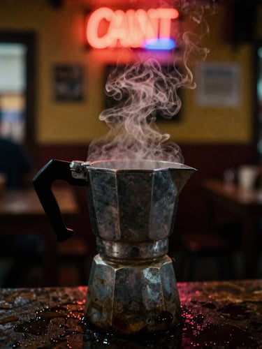 Intimate close-up of a steaming coffee pot inside a traditional Mexican cantina, low-light neon glow, deep shadows, rich dark tones.