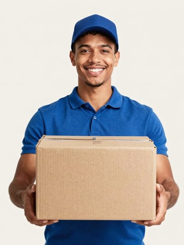 Bright high-key portrait of a happy Brazilian customer holding a delivered brown cardboard package with a smile, clean off-white background, crisp studio lighting, sharp focus, professional e-commerce style.
