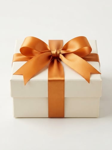 Bright high-key studio shot of a beautifully arranged gift box with an amber ribbon, clean off-white background, professional e-commerce style, crisp lighting