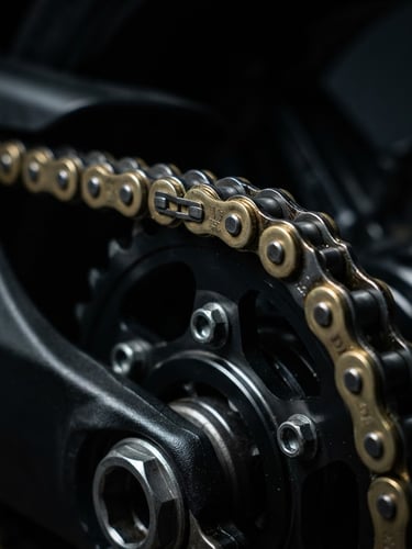Close-up of a high-performance motorcycle chain and rear sprocket, dramatic metallic reflections under sharp studio lighting, dark moody background, 85mm