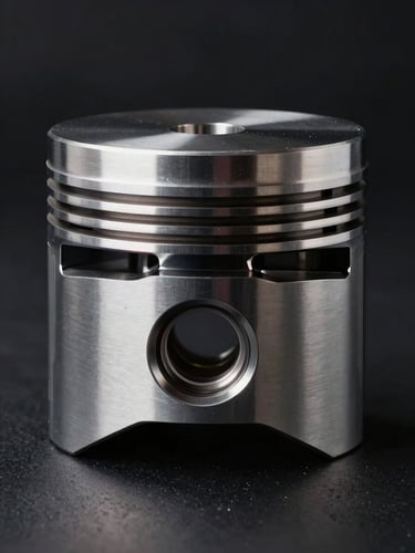 Macro shot of a clean, high-precision metal engine piston on a dark background, dramatic studio lighting with sharp metallic highlights, 85mm