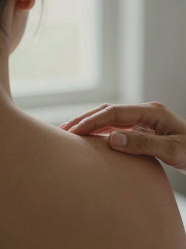 Close-up of therapeutic touch on a shoulder, showing professional boundary, care, soft natural lighting, muted earthy tones.