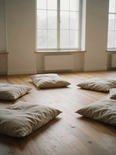 Soft natural window light illuminating a peaceful somatic studio with wooden floors, soft blankets arranged in a circle, warm minimalist atmosphere