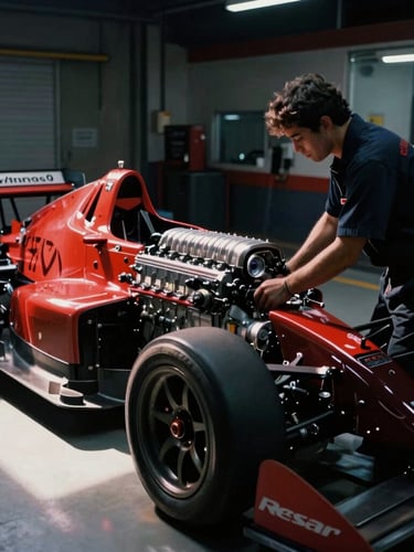 Mechanic in matching gear working on a race car engine in a high-tech garage, moody lighting, strong directional key light