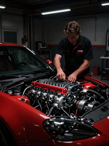 Dramatic motorsports photography, moody garage lighting with strong directional key lights illuminating a clean, technical engine bay and a mechanic in matching gear, deep shadows, 35mm