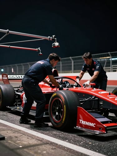 Dynamic low-angle shot of a pit crew in matching dark gear working on a race car during a pit stop, high-contrast trackside lighting, motion blur, glowing brake rotors, 35mm