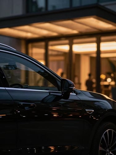 Low-key, cinematic night photography of a polished luxury vehicle silhouette catching warm twilight reflections outside an elegant venue facade, shallow depth of field.