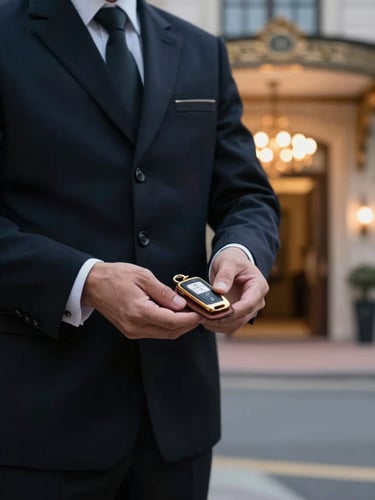 Cinematic twilight shot of a tailored valet attendant in a crisp dark uniform, hands holding a gold-embossed leather key fob, soft background glow from an elegant venue entrance.