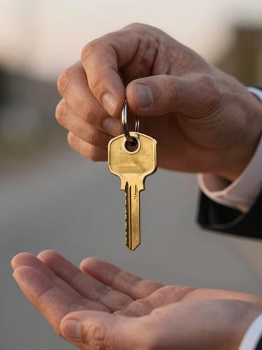 Tight detail shot of hands exchanging a polished brass key tag, warm twilight lighting, shallow depth of field, sharp focus on the metallic texture, dark tailored uniform sleeve visible.