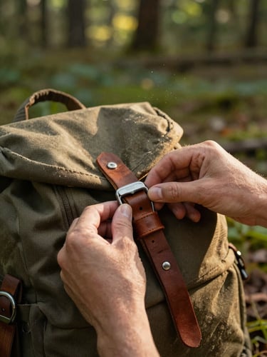 Macro shot of hands adjusting a leather strap on a rugged olive-drab canvas rucksack, warm sunlight catching dust motes, 35mm style.
