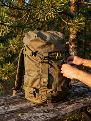 Close-up of hands adjusting a rugged canvas rucksack on a weathered wooden camp table, golden-hour sunlight filtering through pine needles, 35mm.