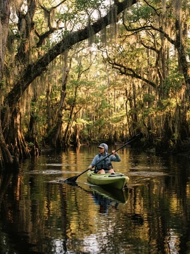 A kayaker paddling down a narrow, pristine blackwater river lined with ancient cypress trees draped in Spanish moss, golden-hour sunlight filtering through the canopy, 35mm photography.