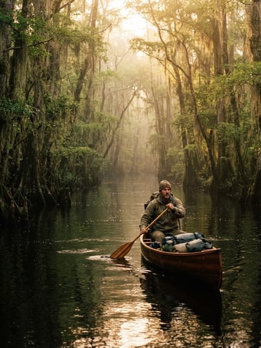 Warm golden hour 35mm photo of a traveler paddling a wooden canoe down a narrow cypress-canopied blackwater river, misty atmosphere, rich forest green tones.