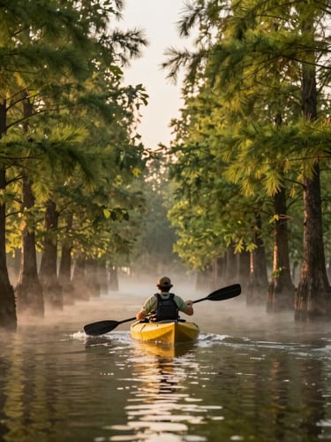 Warm editorial outdoor photography of a traveler kayaking through a misty cypress swamp at golden hour, 35mm