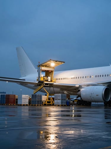 Dramatic night-time industrial lighting on a cargo plane loading heavy pallets on a wet tarmac, wide environmental shot, cool blue and slate tones
