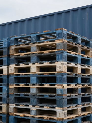 Close-up of secured industrial cargo pallets stacked inside a massive steel ocean container, soft industrial lighting, cool slate tones.