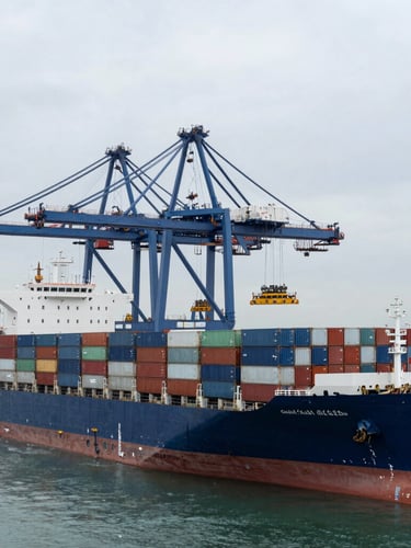 Wide-angle overhead shot of a massive container ship docked at a port, towering blue cranes loading cargo grids under cool overcast daylight.