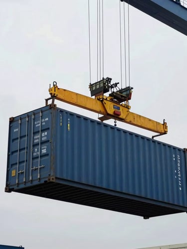 Industrial port crane lifting a heavy blue shipping container, dramatic overcast daylight, sharp focus, wide-angle lens