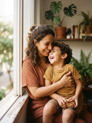 Warm portrait of a Brazilian mother and child laughing together near a sunlit window, soft earthy tones, shallow depth of field, 35mm