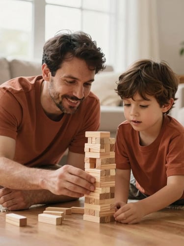 Candid medium shot of a father and young son building a wooden block tower on a living room floor, soft natural daylight, warm terracotta tones, 35mm
