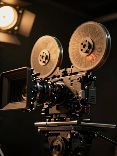Low-angle cinematic shot of an anamorphic film camera on a professional set, dramatic golden spotlights, deep shadows, premium production environment.