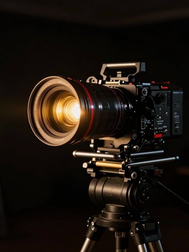 Anamorphic wide shot of a professional film set, high-contrast low-key lighting, golden spotlight flaring on a high-end camera lens, deep shadows.