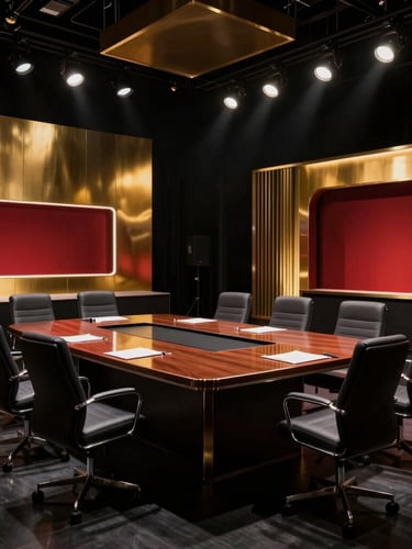 Sleek executive boardroom overlooking a cinematic studio stage, high-contrast dramatic lighting, deep shadows with metallic gold accents.