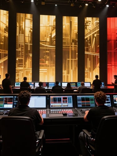 Wide anamorphic shot of an entertainment production team behind a massive digital control console, glowing gold and crimson screens, dark studio environment.