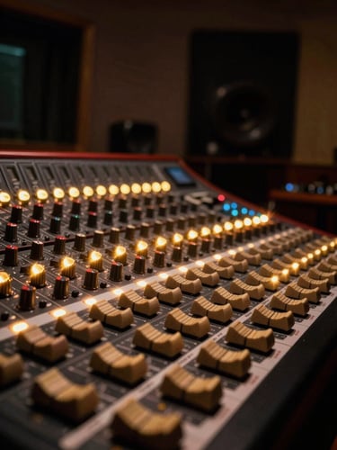 Low-angle cinematic shot of a legendary vintage mixing console, warm golden dial lights glowing in a dimly lit, high-end recording studio, anamorphic lens flare
