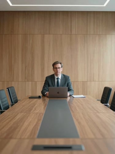 Symmetrical medium shot of a quiet executive boardroom with structured wood paneling, clean natural daylight, desaturated cool tones