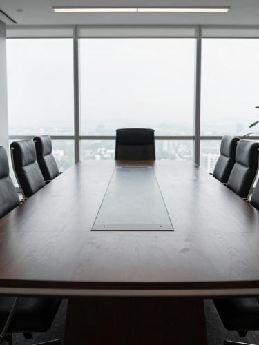 Quiet executive boardroom with a long dark wood table, structured corporate environment, desaturated cool tones, natural window light.