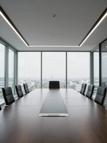 Symmetrical architectural shot of a modern corporate boardroom with clean lines and natural overcast daylight, desaturated cool tones, medium format