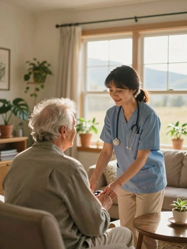 A caregiver assisting an elderly individual in a sunlit Colorado living room filled with plants, warm natural window light, 35mm
