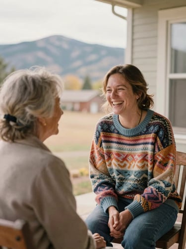 A warm community health worker in a colorful sweater laughing with an elderly woman on a porch in Colorado, soft mountain daylight, comforting tones, 35mm