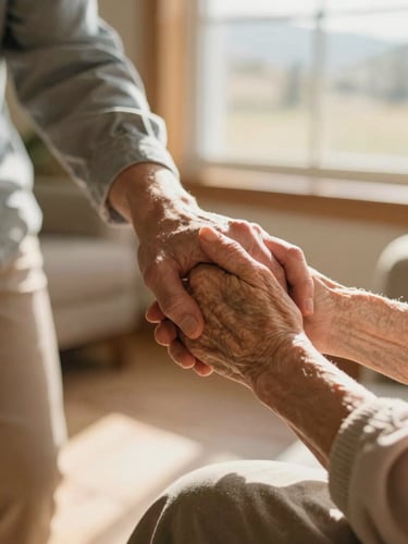 Close-up of a caregiver's hand gently holding an elderly woman's hand in a sunlit Colorado living room, soft golden-hour window light, shallow depth of field, 35mm photography.