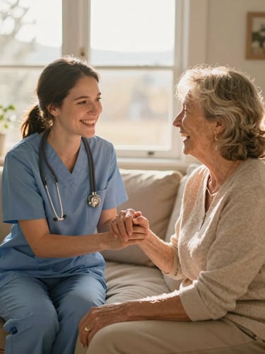 A warm, sunlit living room in Colorado where a caring nurse holds the hand of an elderly woman, both laughing together, soft golden-hour window light, shallow depth of field, 35mm.