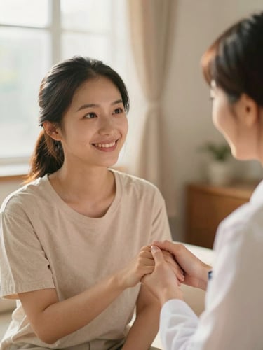 A warm, natural light portrait of a patient smiling gently next to a caregiver holding their hand, soft focus background, 35mm