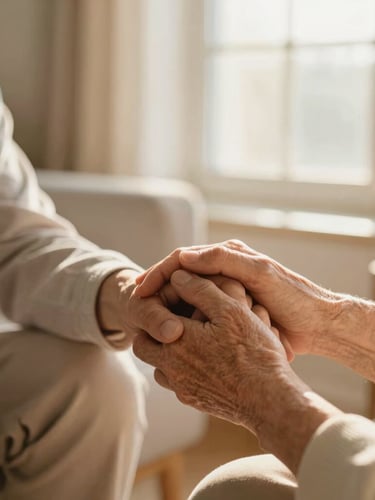 A warm medium close-up of a caregiver holding an elderly person's hand in a sunlit living room, soft golden-hour window light, shallow depth of field, 35mm