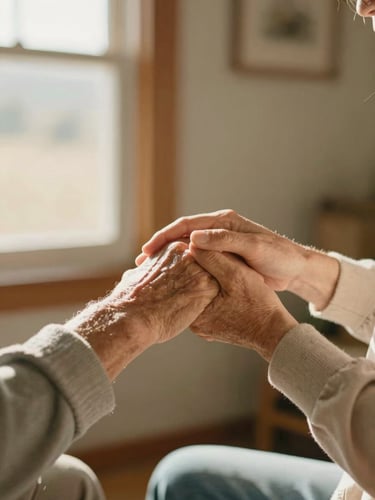 A warm close-up of a caregiver gently holding an elderly person's hand in a sunlit Colorado home, soft window daylight, shallow depth of field, Lora aesthetic