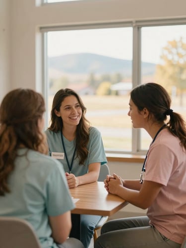 A volunteer and a community health worker chatting warmly in a bright Colorado community center, soft natural window light, comforting pastel tones, shallow depth of field