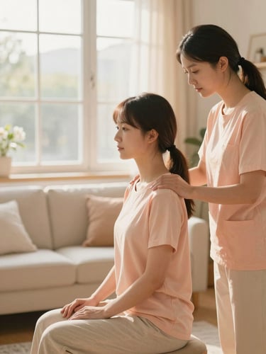A caregiver gently assisting a seated individual with mobility exercises in a sunlit living room, soft window daylight, warm peach and cream tones, 35mm.
