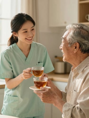 A warm, smiling female caregiver in a soft green shirt sitting next to an elderly man, sharing a laugh over a cup of tea in a cozy kitchen, soft morning light, 35mm.