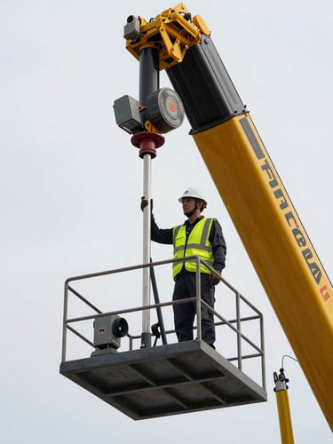 Low-angle shot of a certified crane operator in a hardhat and high-visibility vest, operating a heavy Hiab crane controller, harsh daylight, metallic textures