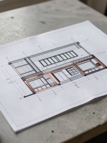 Architectural close-up of technical blueprint drawings on a heavy concrete desk, soft north daylight highlighting clean lines and structural schematics, copper accents.