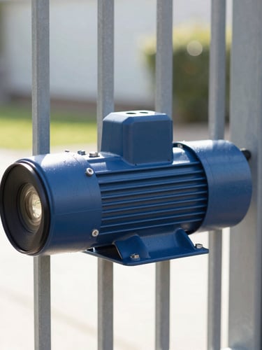 Close-up of a robust modern gate motor in action, clean installation on a steel gate, bright natural morning light, sharp focus