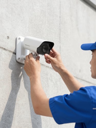 Bright morning daylight, close-up of a professional technician in a clean blue uniform installing a modern security camera on a clean concrete wall, sharp focus, 35mm lens