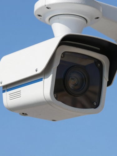 Close-up of a high-tech security camera in bright daylight, sharp focus on the glass lens, clean metal housing, deep blue sky in background