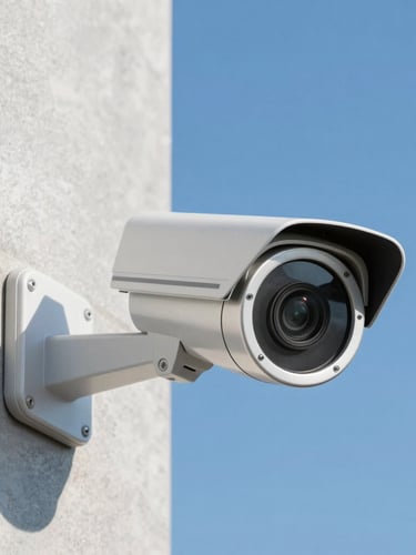 Close-up of a modern security camera mounted on a clean concrete wall, bright morning light, sharp focus on the metallic lens casing, deep blue sky in the background