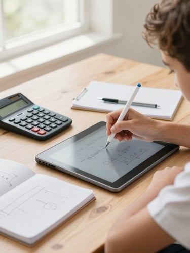 Overhead 35mm photograph of a South African high school student actively writing on a digital tablet with a stylus. Graphing calculator, open notebook with hand-drawn physics diagrams, and pens sit neatly on a clean wooden desk. Bright natural daylight streaming in from a window, soft focus background, warm editorial tone.